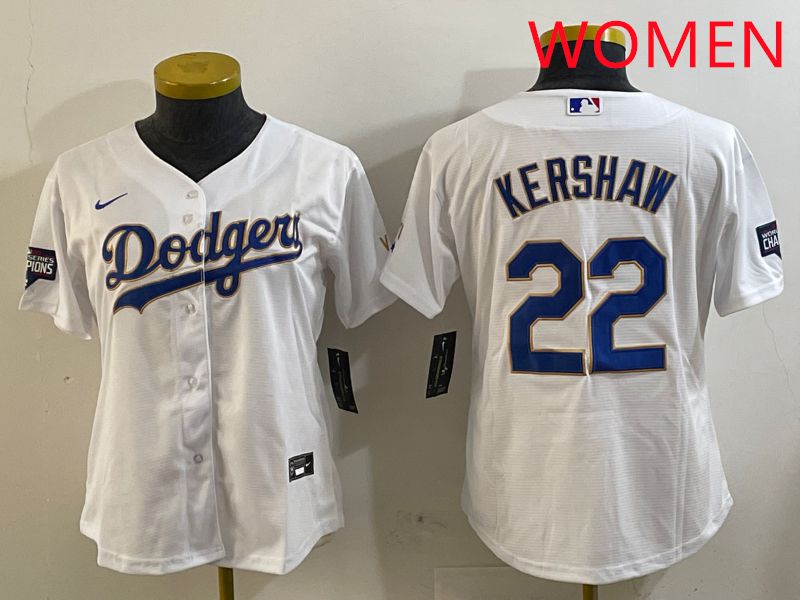 Women Los Angeles Dodgers 22 Kershaw White Gold Game 2025 Nike MLB Jersey style 1